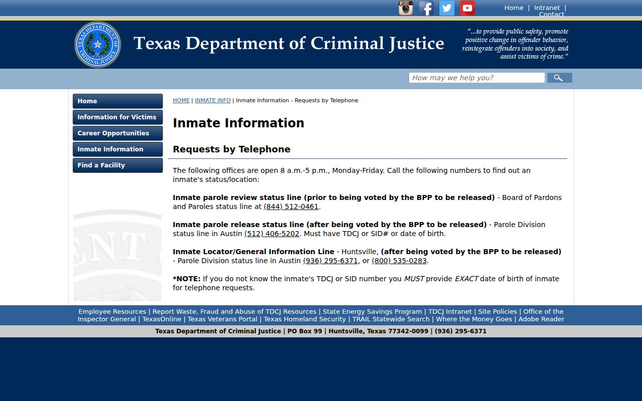 Somervell County arrest records and TDCJ custody phone lines