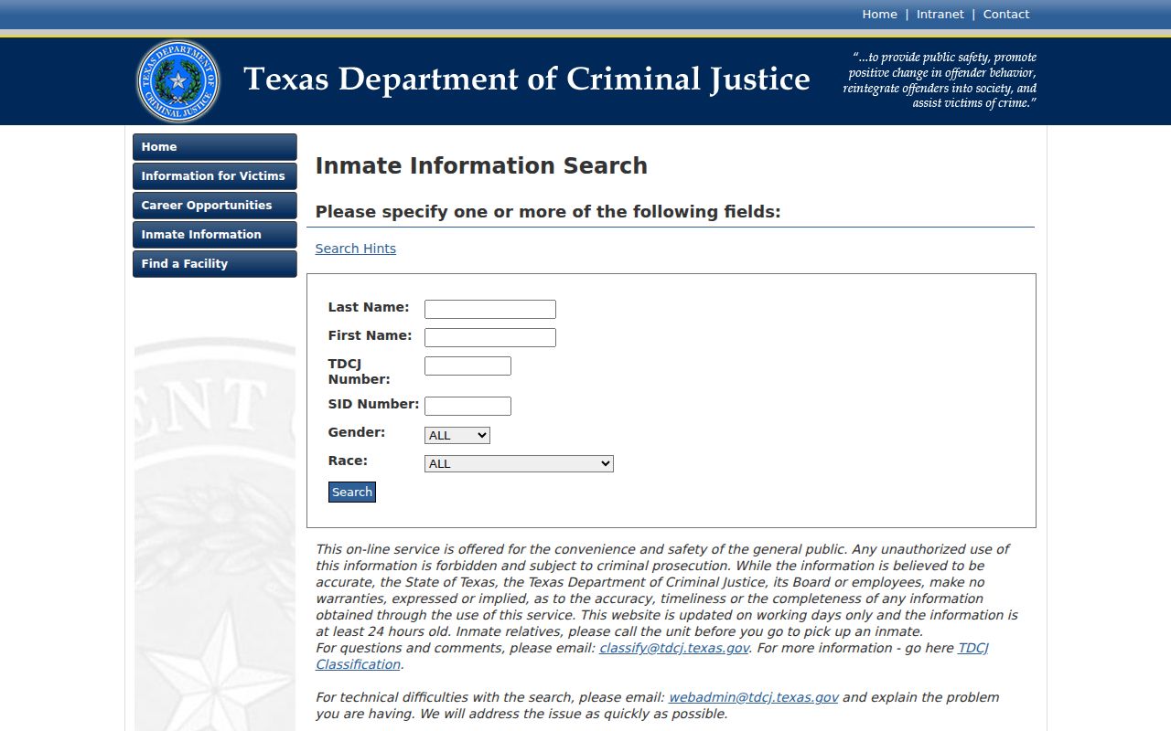 Somervell County arrest history and TDCJ inmate search fields