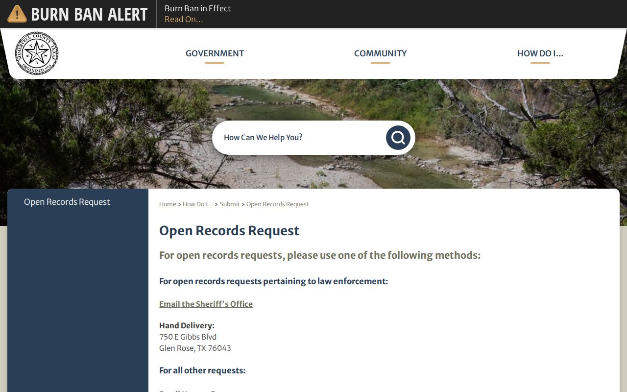 Somervell County criminal record open records request routing