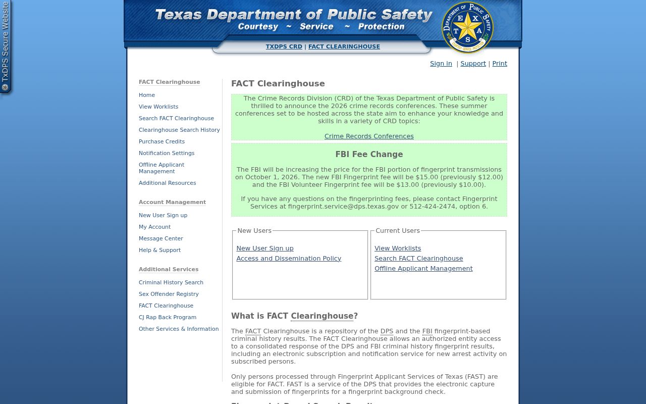 Somervell County criminal history fingerprint check through Texas FACT and FAST
