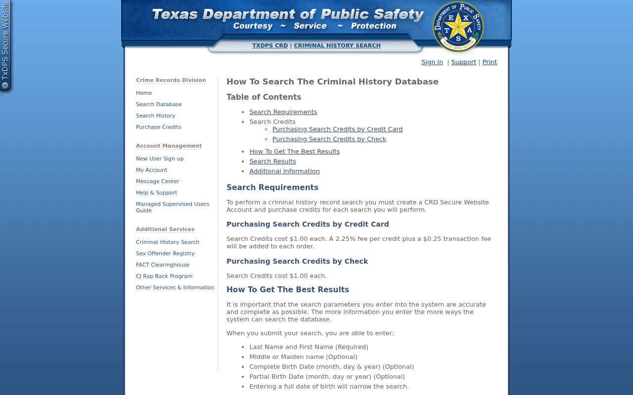 Somervell County criminal history instructions in Texas DPS CCH