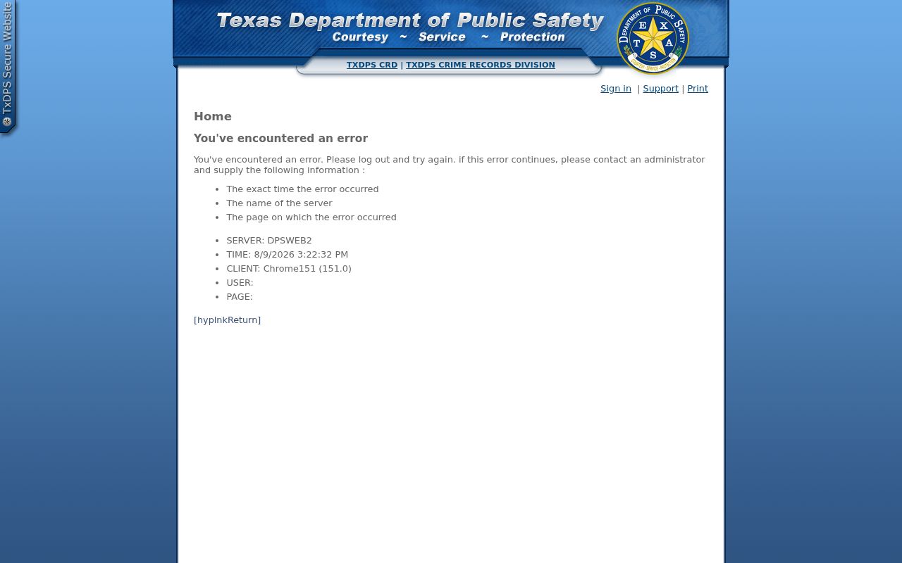 Somervell County criminal record name search in Texas DPS CCH