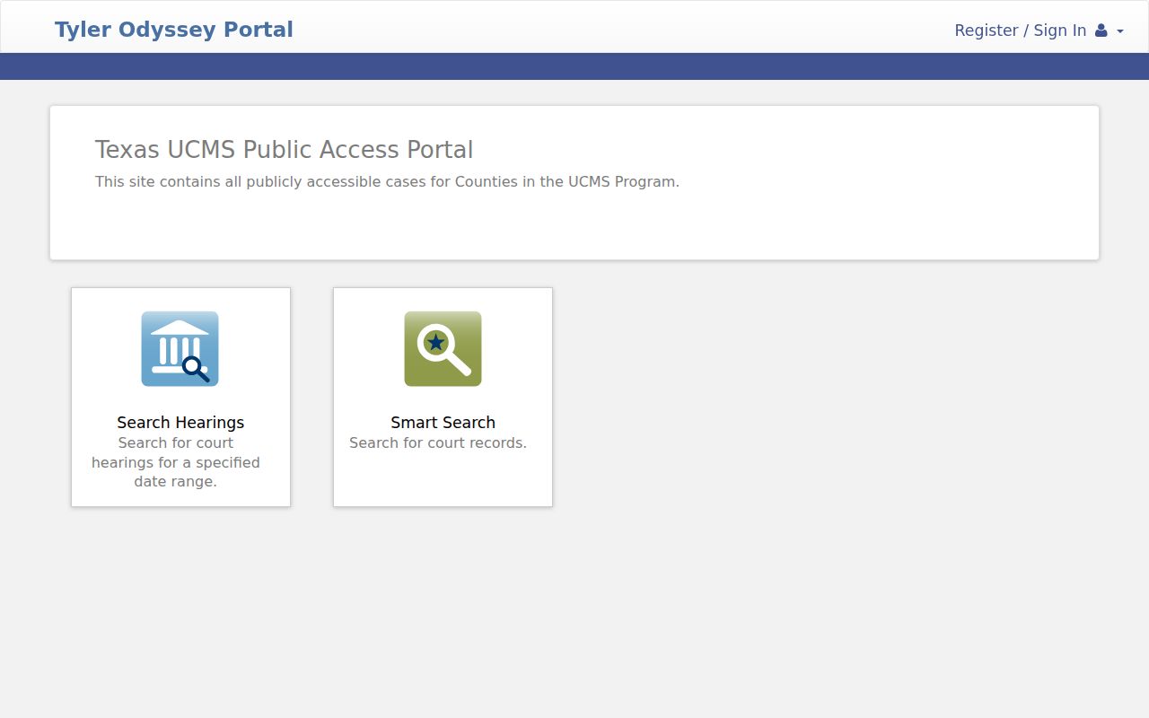 Somervell County criminal history search on the Texas UCMS public access dashboard