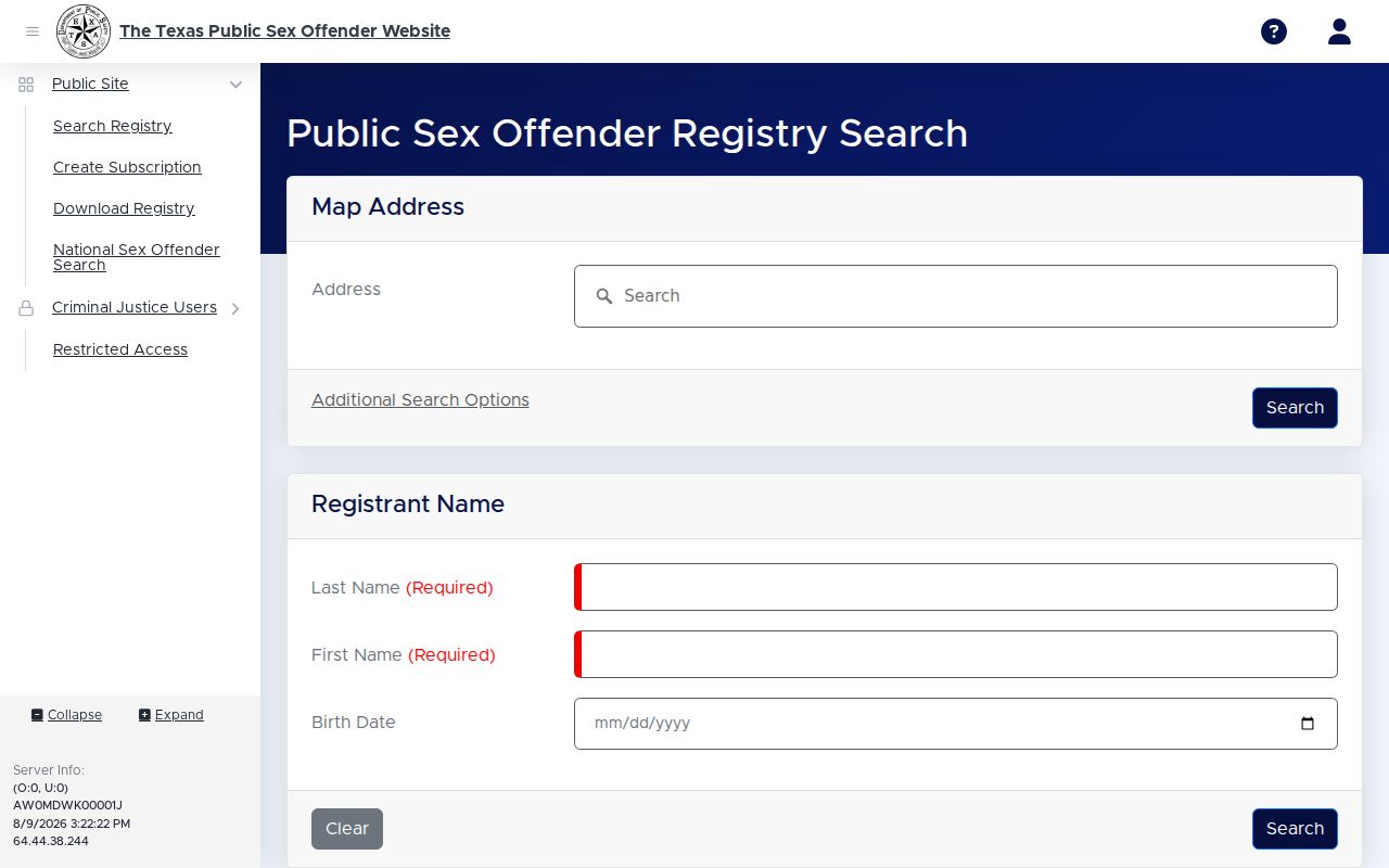 Somervell County sex offender check fields in the Texas public registry