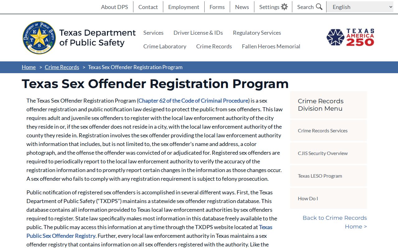 Texas DPS program information for Somervell County sex offender records